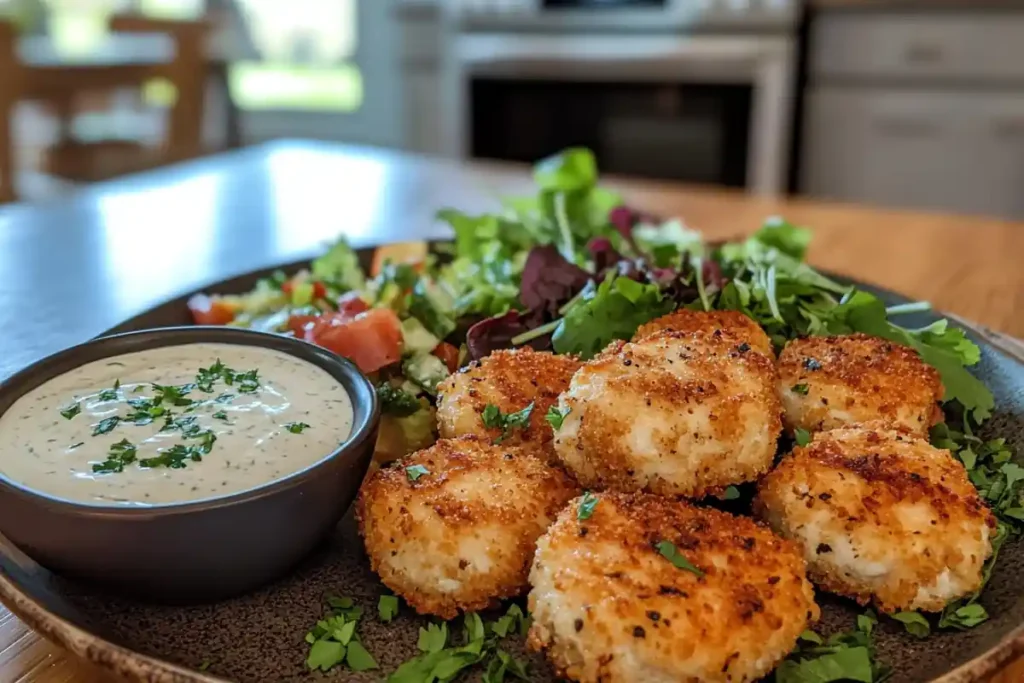 Crispy keto chicken nuggets on a plate.