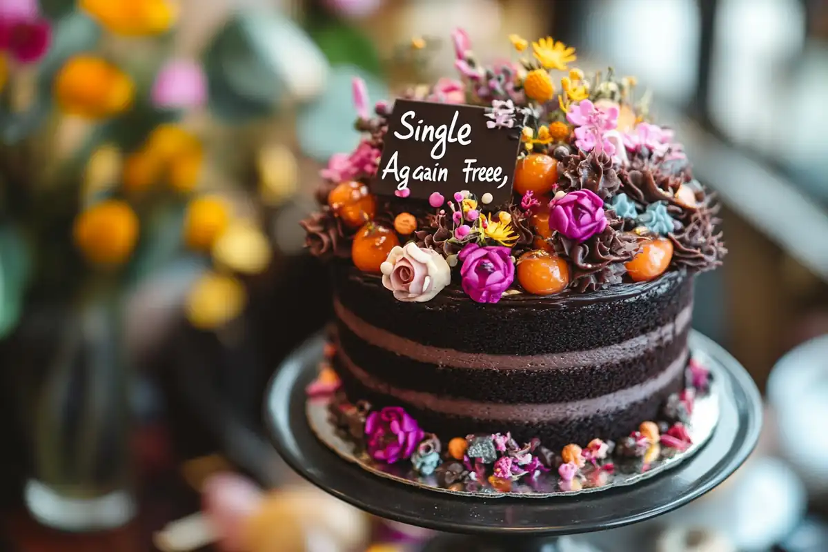 Divorce Cake with “Finally Free” topper on a decorated table