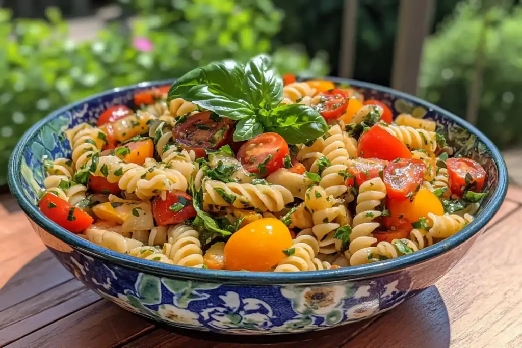 Spiral pasta mixed with mozzarella and tomatoes