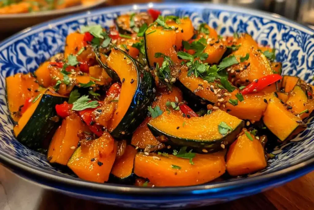 Slices of kabocha squash roasted to perfection with their skin on, showcasing a golden caramelized texture and a sprinkle of herbs.