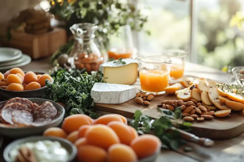 A sophisticated arrangement of fresh apricots paired with sprigs of thyme and rosemary, set on a marble platter, ideal for gourmet presentations.