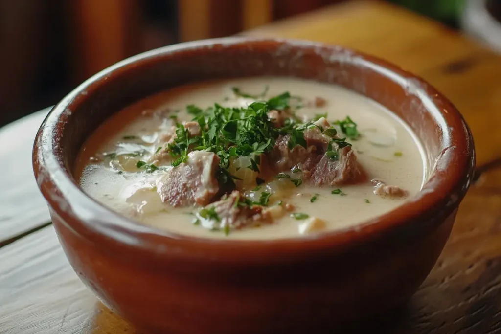 Gourmet presentation of Cream of Bunny Soup in a white bowl