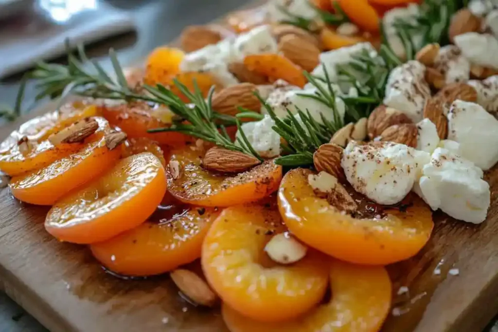 A selection of flavor enhancers for apricots, including cinnamon, vanilla, honey, fresh mint, and almonds, arranged on a rustic wooden board.