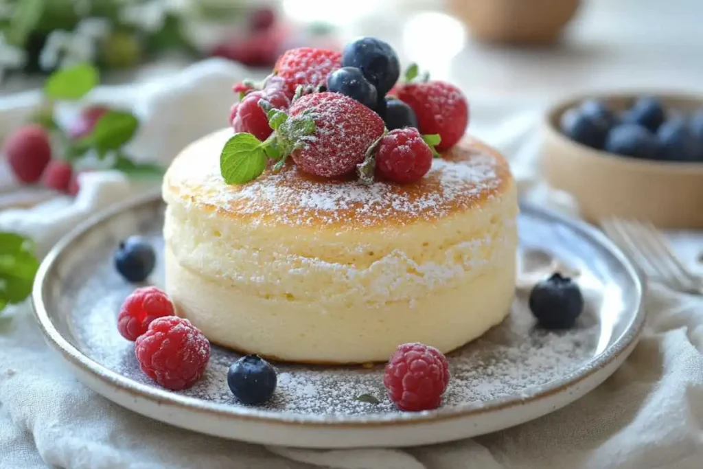 Stack of golden-brown hotcakes with syrup and butter