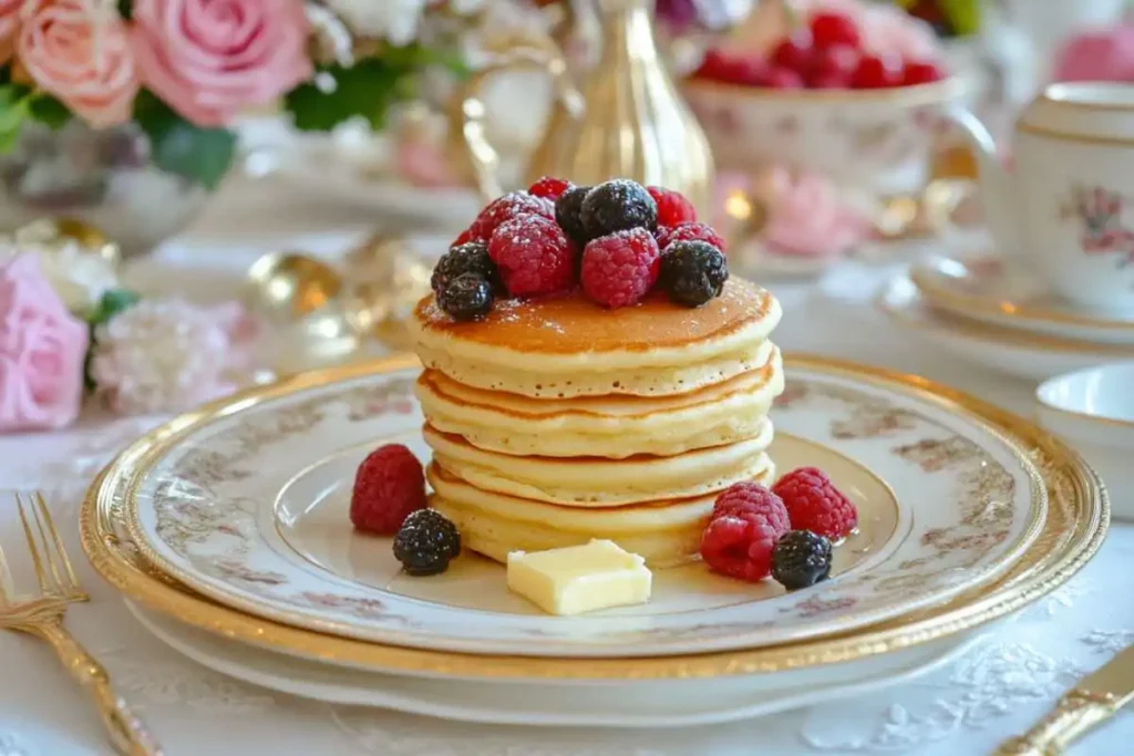 Stack of golden pancakes with butter and syrup