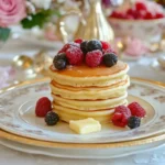 Stack of golden pancakes with butter and syrup