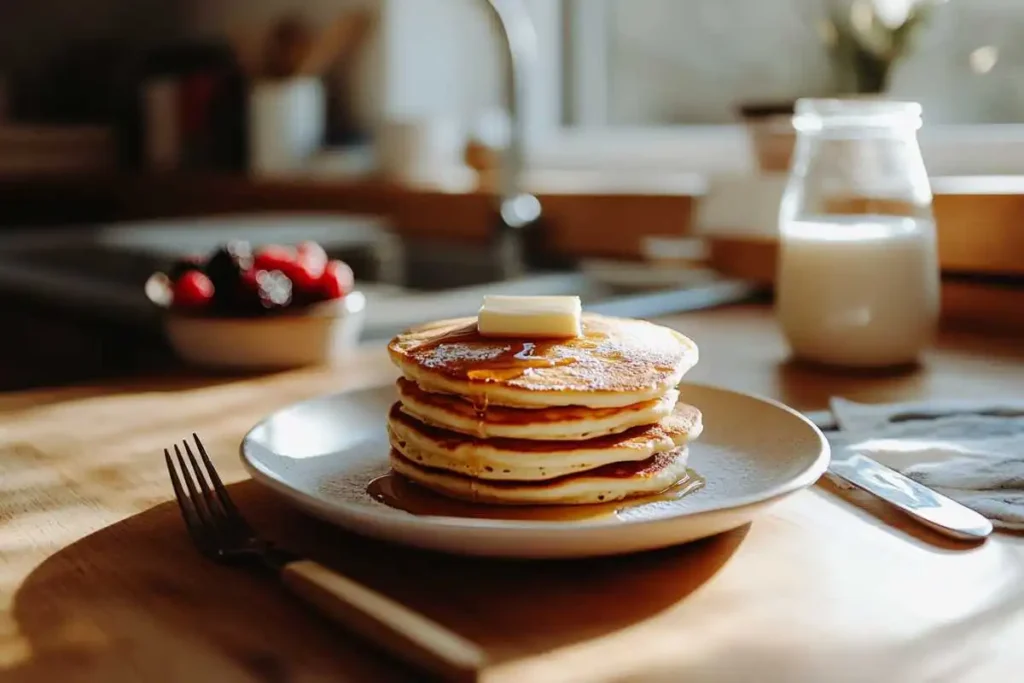 A stack of fluffy pancakes topped with fresh blueberries and a sprinkle of powdered sugar on a white plate.