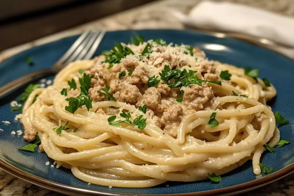 A close-up of creamy Ground Chicken Pasta Alfredo on a fork