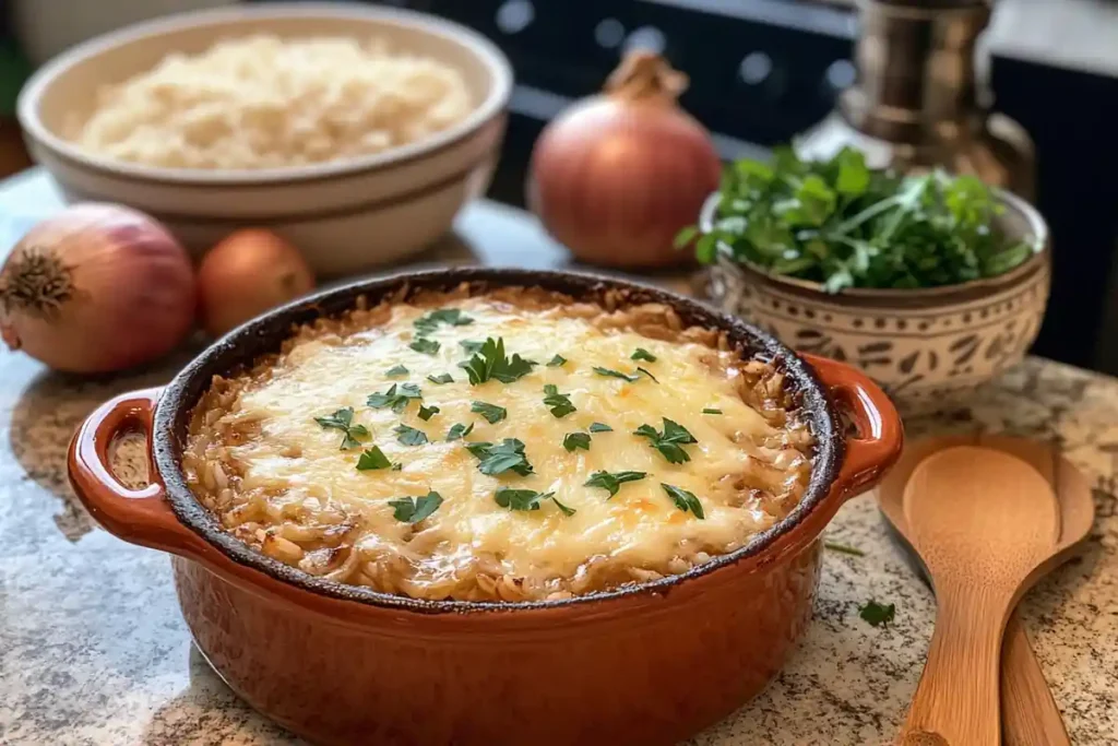 French Onion Soup Rice served as a side dish on a white plate.