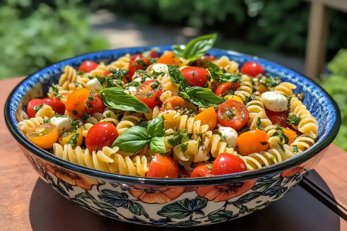 4 Ingredient Pasta Salad with tomatoes and basil