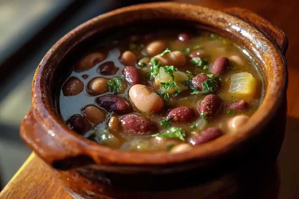 Ingredients for Portuguese bean soup arranged on a kitchen counter.