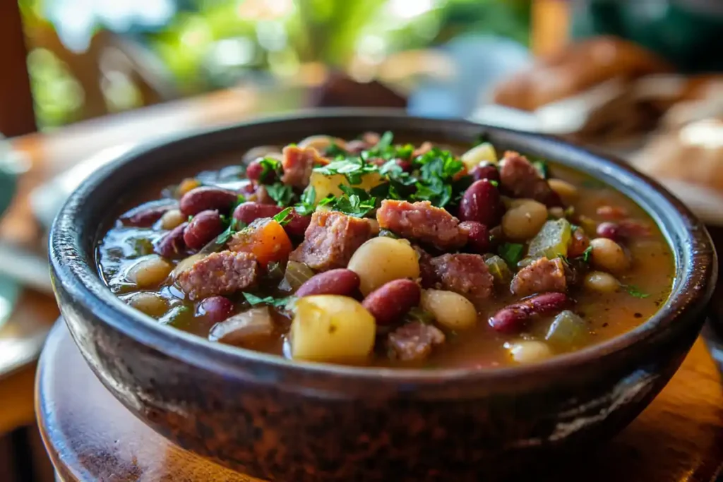 Ingredients for Punahou bean soup laid out on a kitchen counter.