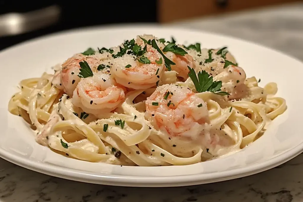 Ingredients for shrimp Alfredo pasta arranged on a counter.