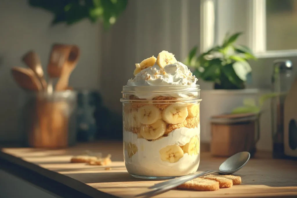 Ingredients for vegan banana pudding on a wooden surface