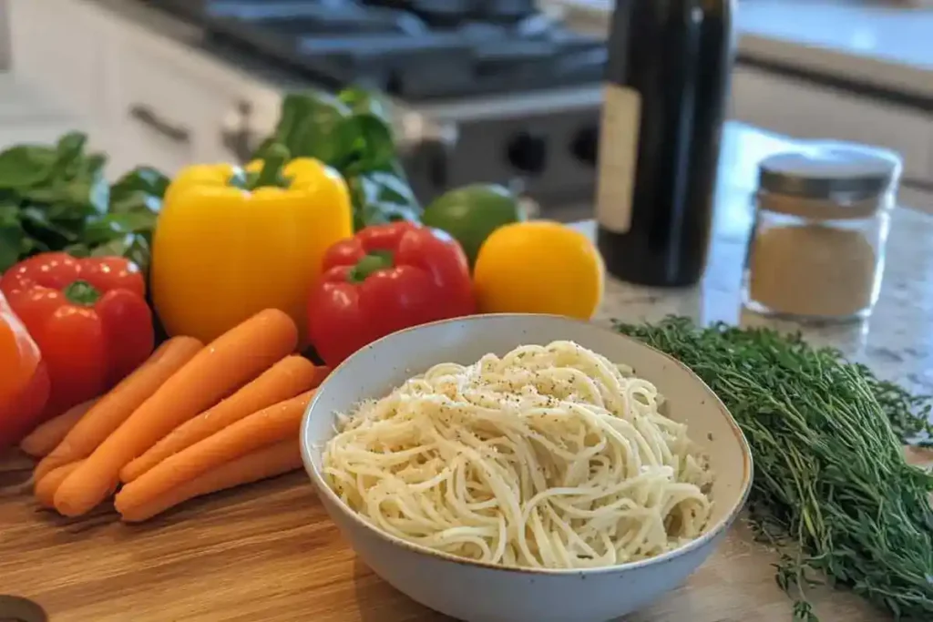 Fresh vegetables, herbs, and spices to enhance your pasta dish.