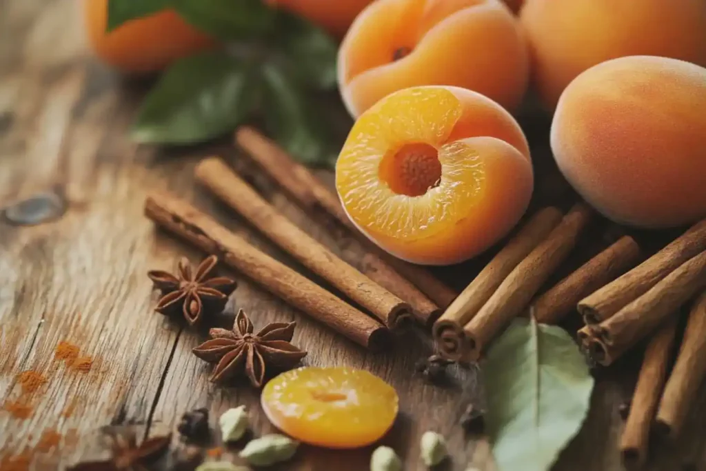 Fresh apricots and cinnamon sticks arranged on a rustic wooden table, perfect for dessert recipes or healthy snacks.