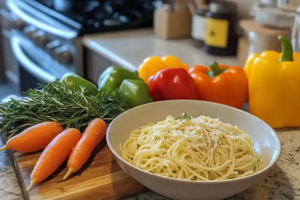 A bowl of cooked pasta surrounded by fresh vegetables and herbs, including tomatoes, basil, and garlic, perfect for a healthy and flavorful meal.