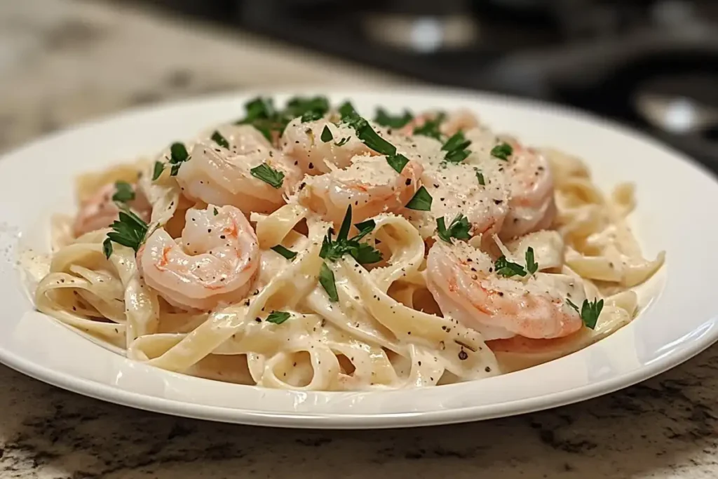 Shrimp Alfredo pasta garnished with parsley in a white bowl.