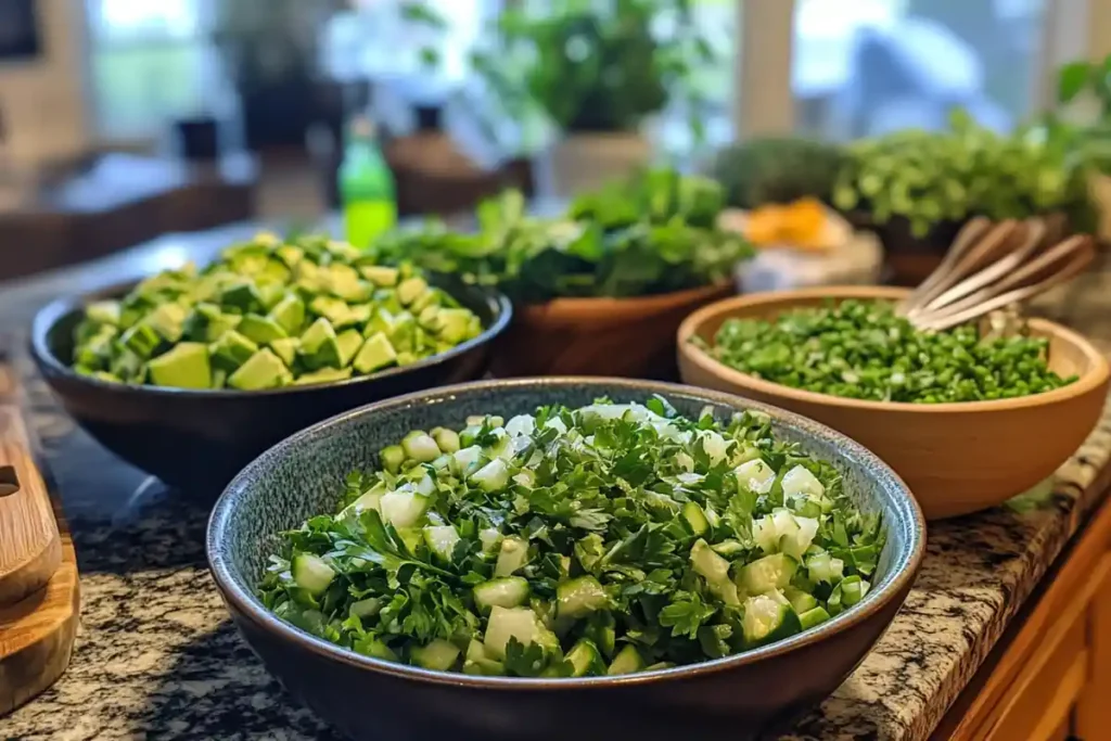 Green Goddess Salad served outdoors in natural light.