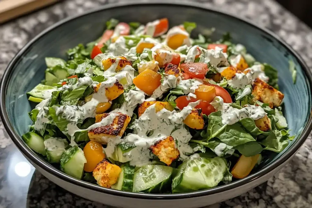 Green Goddess Salad served with a side of bread.