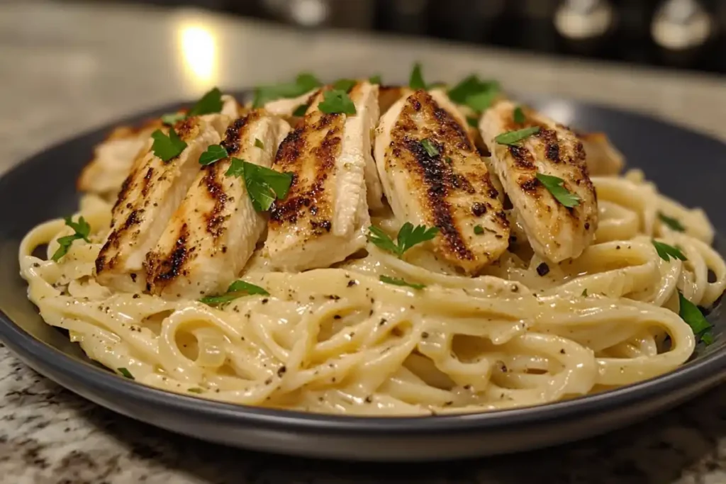 Chicken breasts grilling in a pan for pasta.