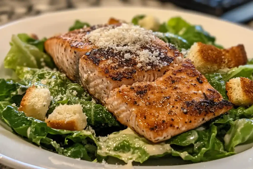 Grilled salmon fillet on a bed of romaine lettuce with Caesar dressing.