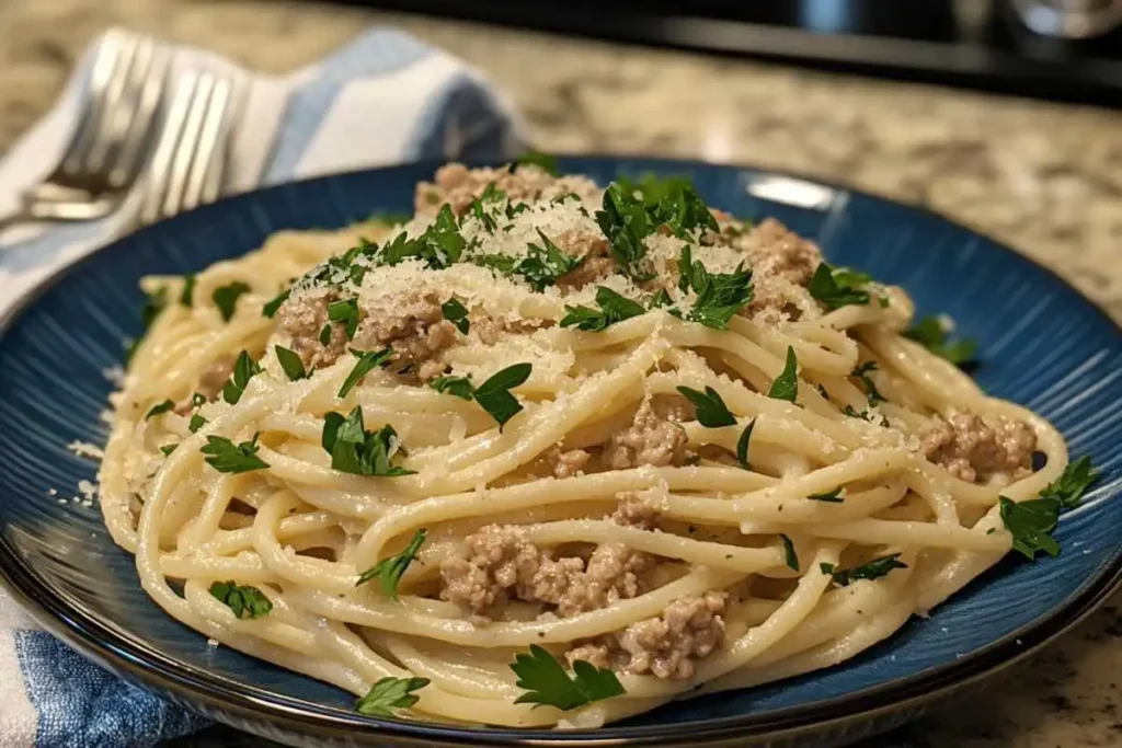 A plate of creamy Ground Chicken Pasta Alfredo topped with parsley