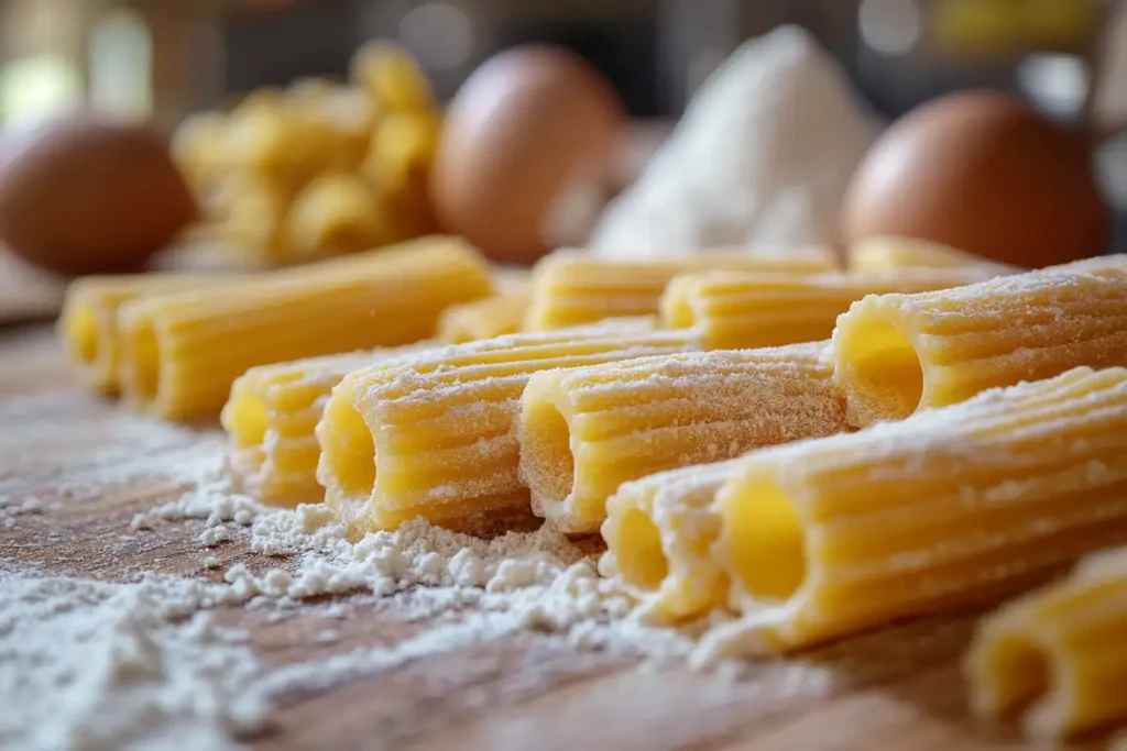 Freshly made Garganelli pasta on a wooden board