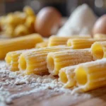 Freshly made Garganelli pasta on a wooden board