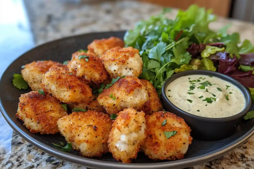 Homemade keto chicken nuggets on parchment paper.