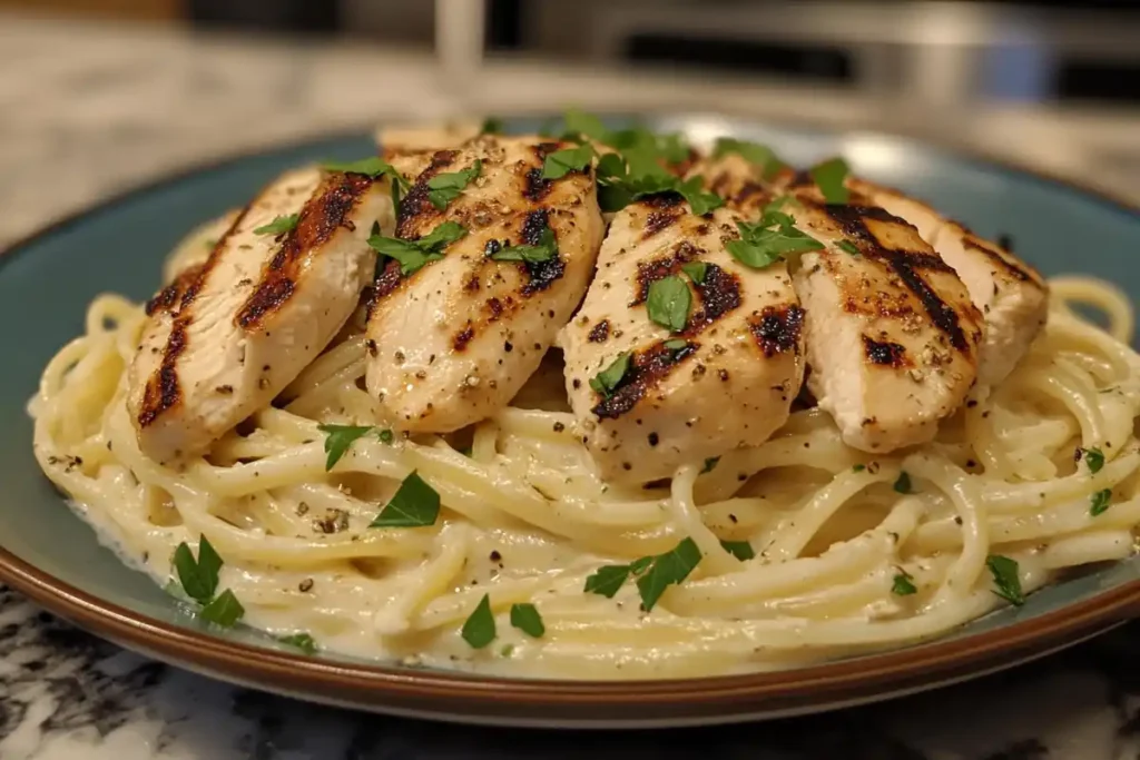 Creamy Olive Garden chicken pasta with grilled chicken and parsley in a white bowl.