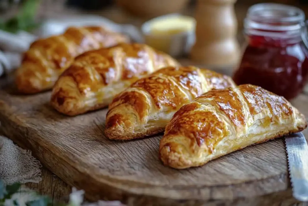 Freshly baked golden Gipfeli on a wooden board