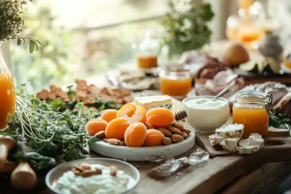 Fresh apricots drizzled with golden honey and garnished with roasted almonds, served on a rustic plate for a sweet and nutty treat.