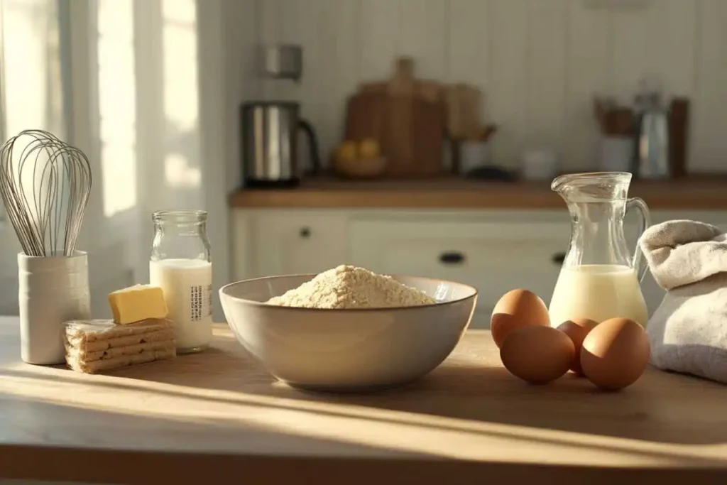 how to mix the pancake mix A mixing bowl with pancake mix being stirred with a whisk, surrounded by ingredients like eggs, milk, and a measuring cup on a wooden kitchen counter.