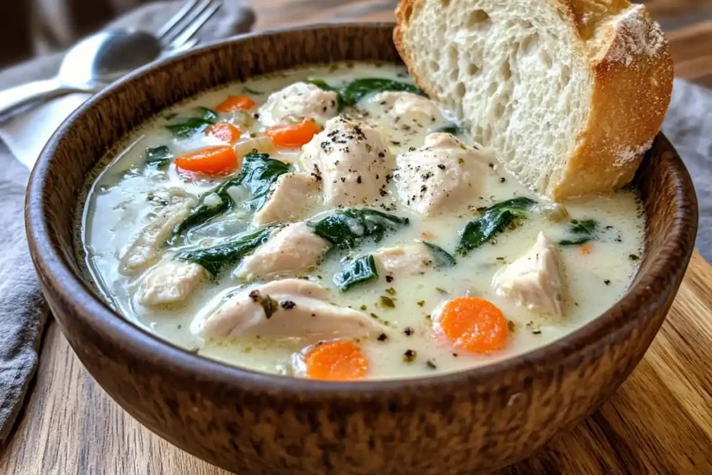 Ingredients for Chicken Florentine Soup, including chicken, spinach, cream, and carrots.