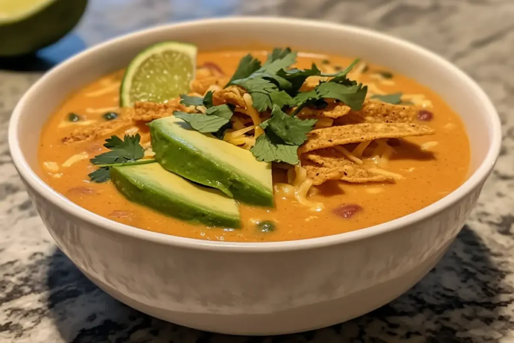 Ingredients for creamy chicken tortilla soup laid out on a table