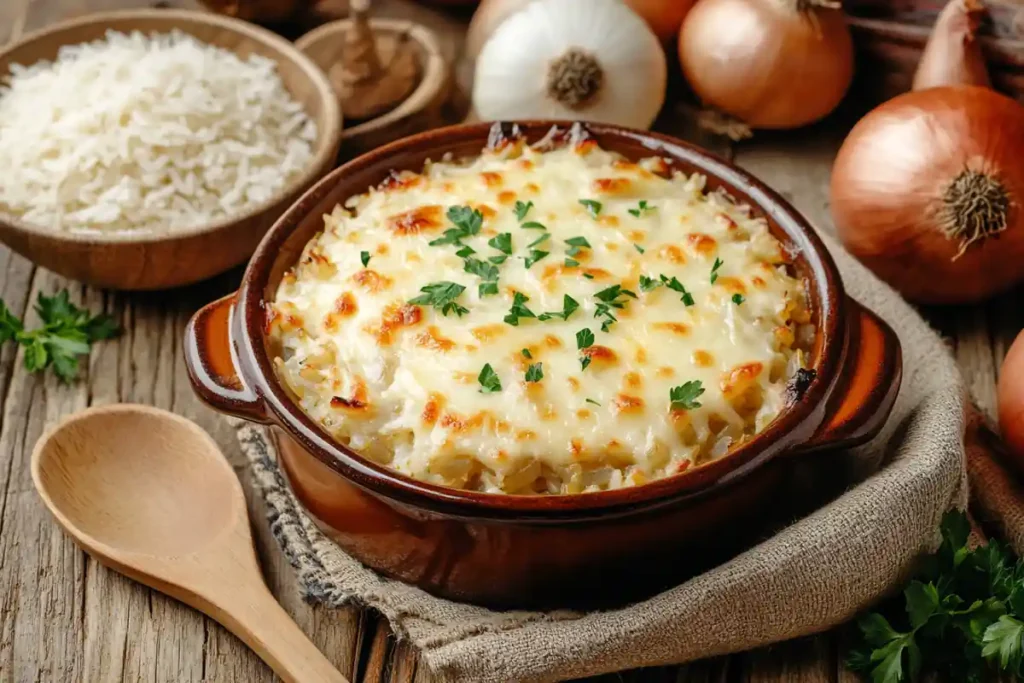 Ingredients for French Onion Soup Rice, including onions, rice, broth, and cheese.