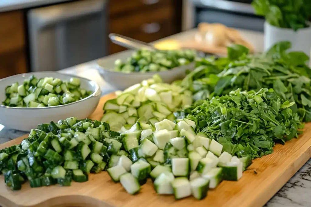 Ingredients for Green Goddess Salad on a chopping board.