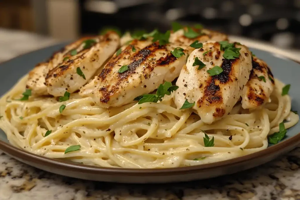 Fresh ingredients for Olive Garden chicken pasta on a wooden counter.