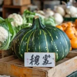 A cut kabocha squash showing the inside texture