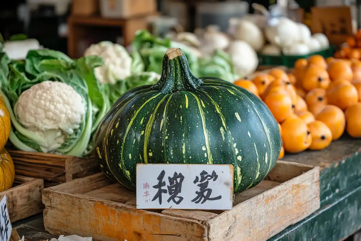 A cut kabocha squash showing the inside texture