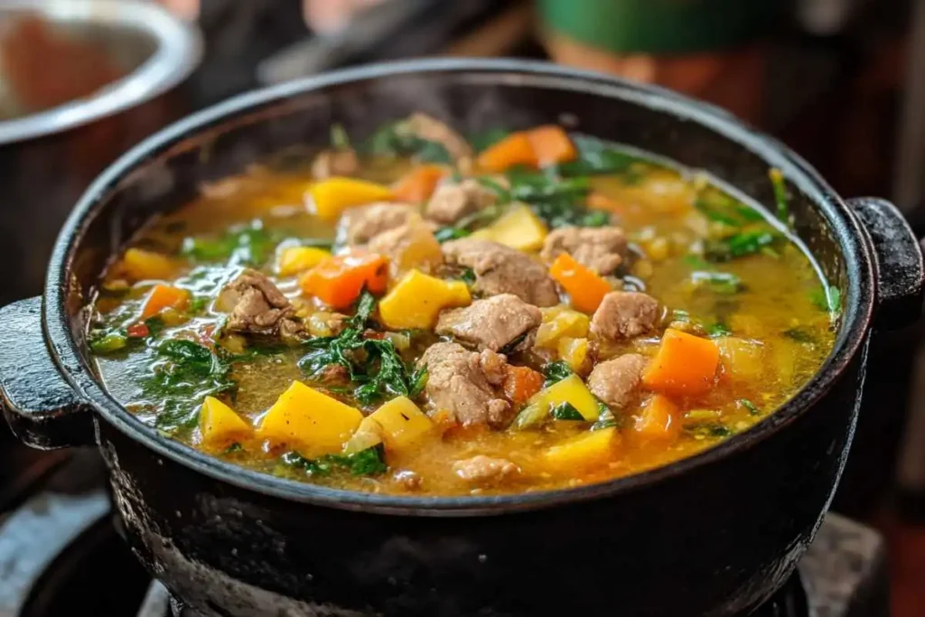 Jamaican red pea soup in a bowl with beef and coconut milk