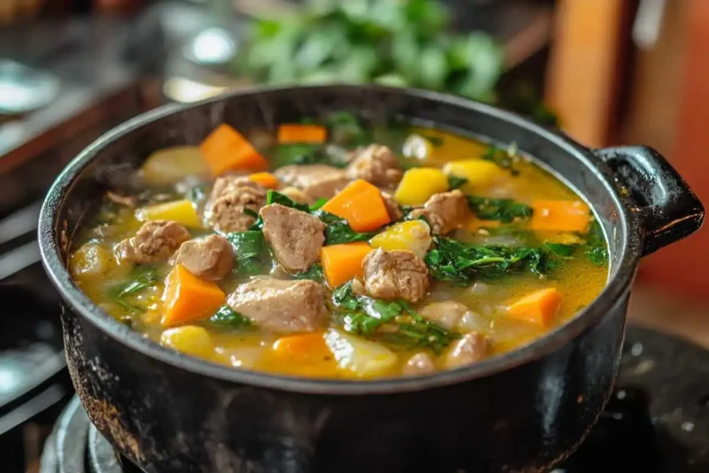 Close-up of Jamaican soup with fresh herbs and vegetables