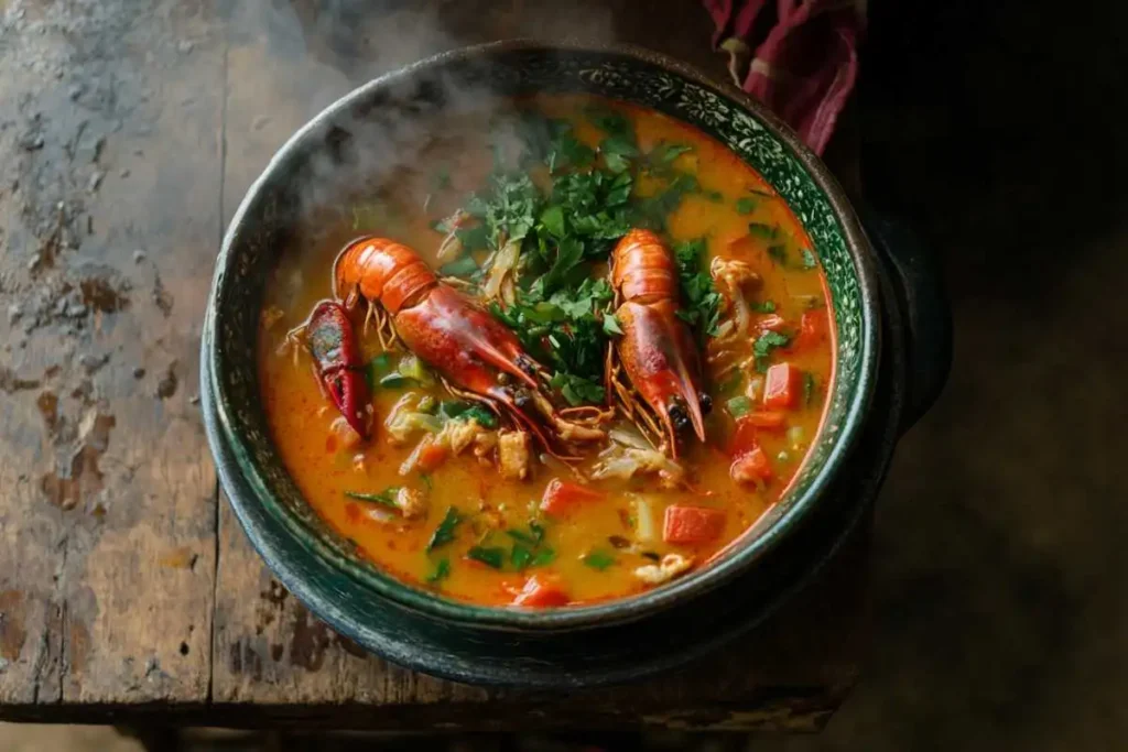 A bowl of freshly made Janga Soup with crayfish and herbs