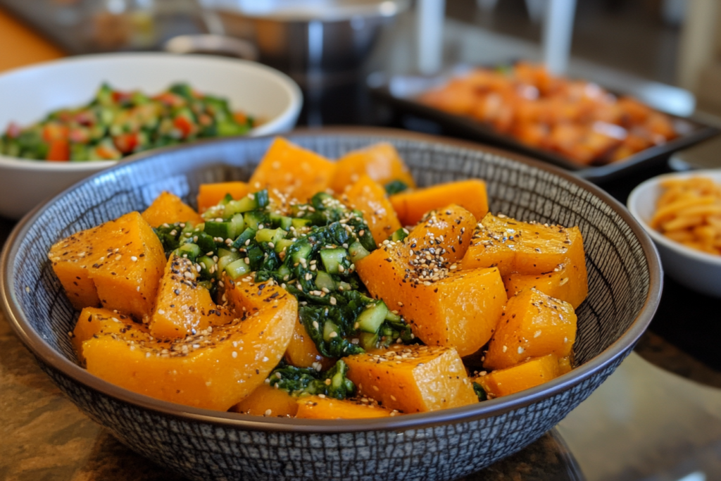 Crispy roasted kabocha squash wedges sprinkled with sea salt, served alongside a tangy dipping sauce on a wooden platter.