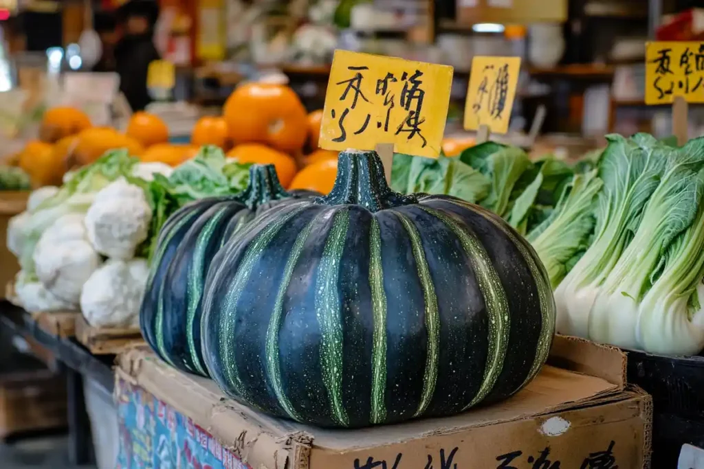 Kabocha squash in an Asian market labeled in Chinese