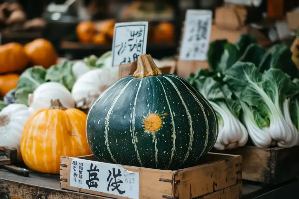  Whole kabocha squash next to a chalkboard sign with Chinese writing