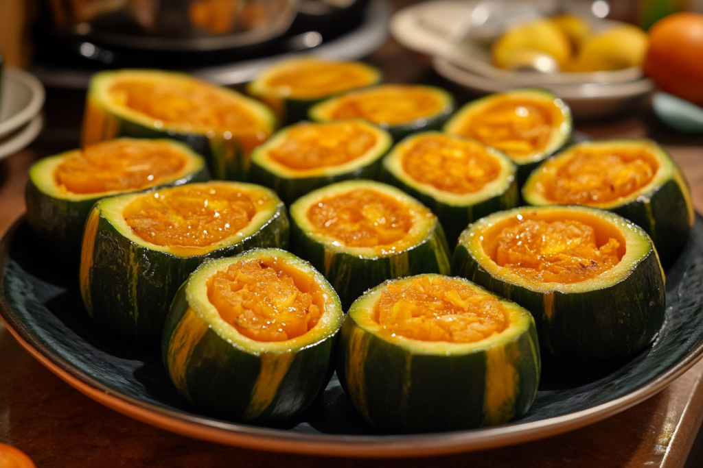 Slices of sweet kabocha squash served in a Chinese-inspired dessert, featuring a silky coconut milk sauce and garnished with sesame seeds.