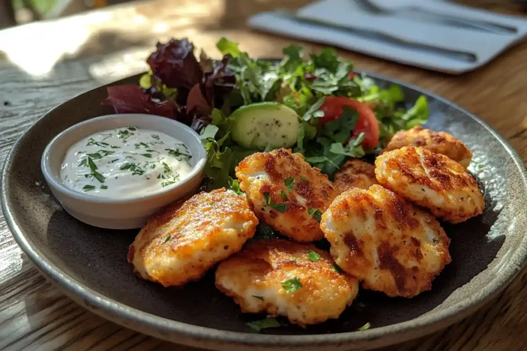 Keto chicken nuggets with a side salad.