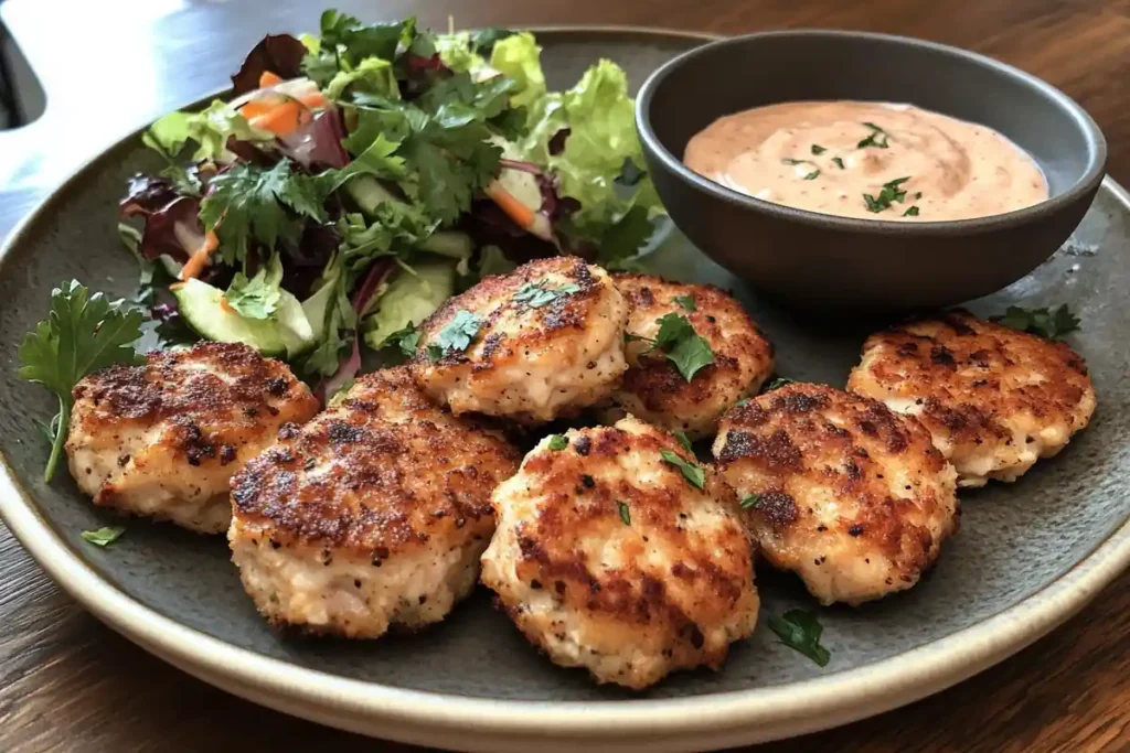 Keto chicken nuggets with spicy dipping sauce.